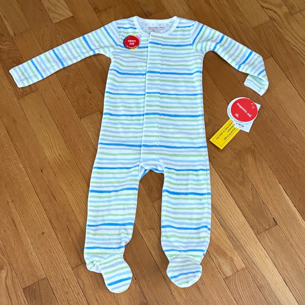 Magnetic Me Velour Striped Blue and Green Kids One Piece Footie 12-18M NWT